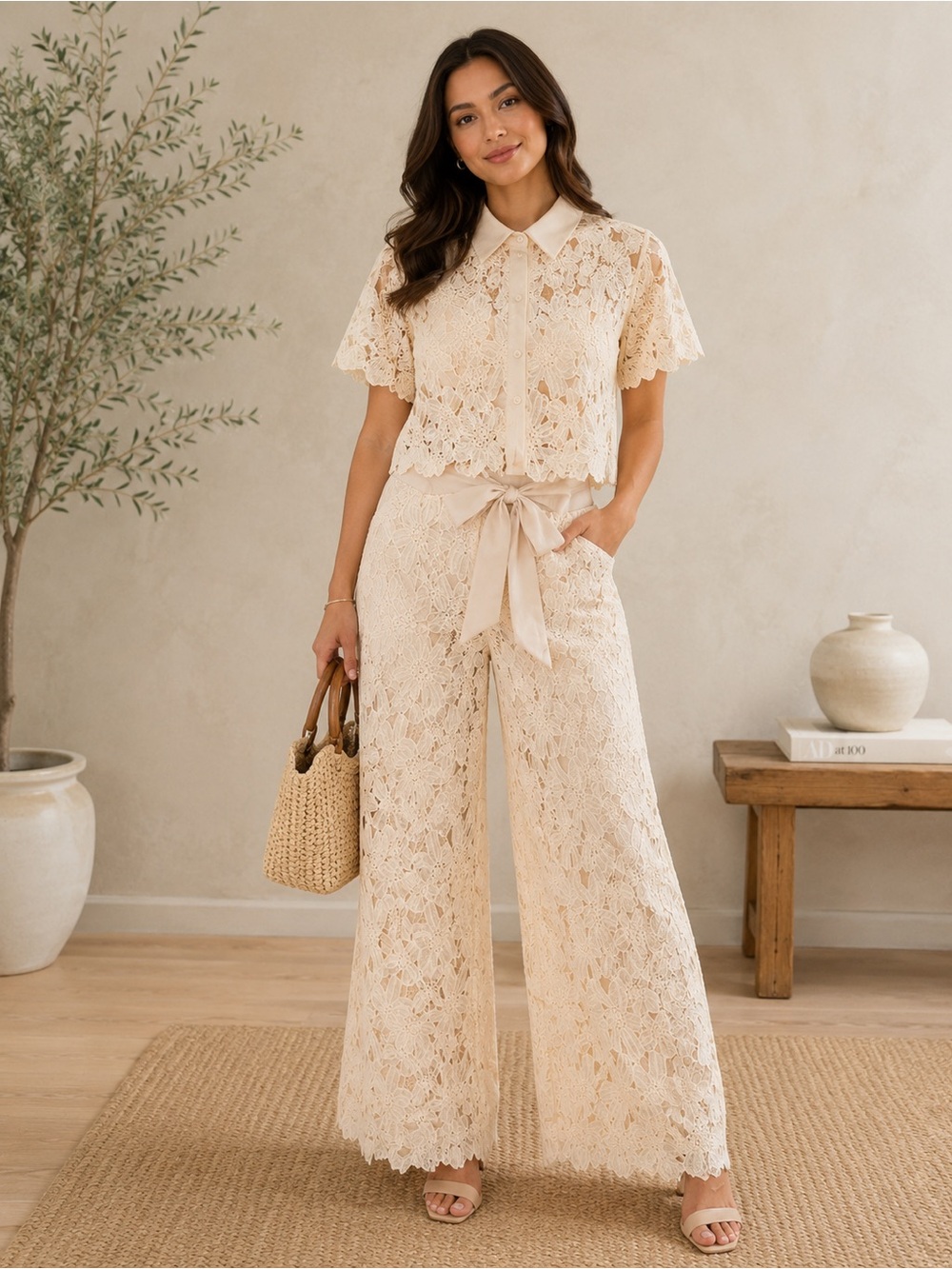 Lace Tie-Waist Jumpsuit in Cream